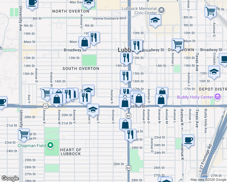 map of restaurants, bars, coffee shops, grocery stores, and more near 1809 Avenue S in Lubbock