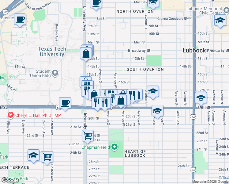 map of restaurants, bars, coffee shops, grocery stores, and more near 2310 18th Street in Lubbock