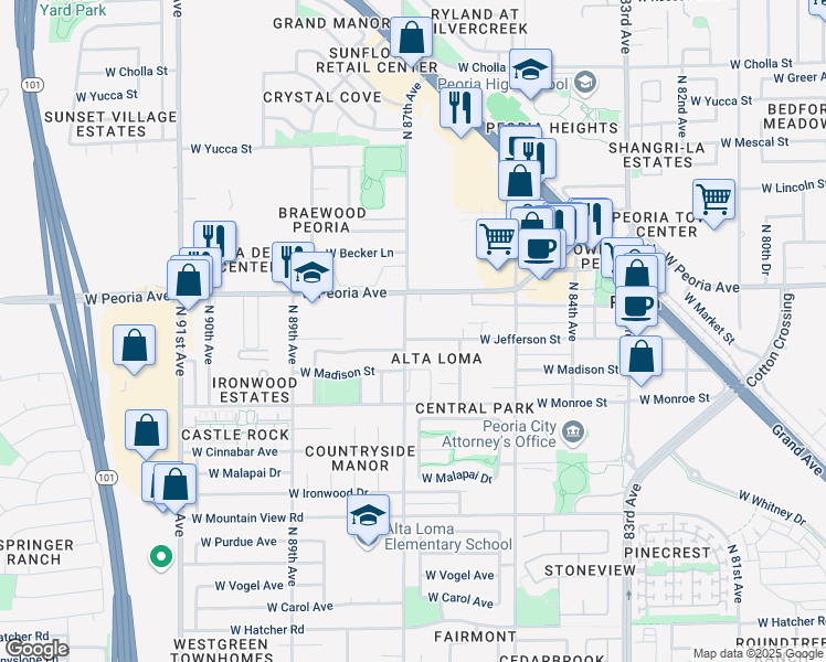 map of restaurants, bars, coffee shops, grocery stores, and more near 8703 West Jefferson Street in Peoria