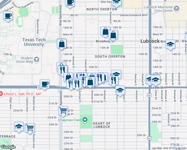 map of restaurants, bars, coffee shops, grocery stores, and more near 2209 17th Street in Lubbock