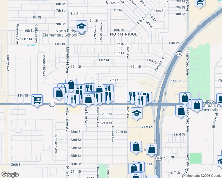 map of restaurants, bars, coffee shops, grocery stores, and more near 6207 18th Street in Lubbock