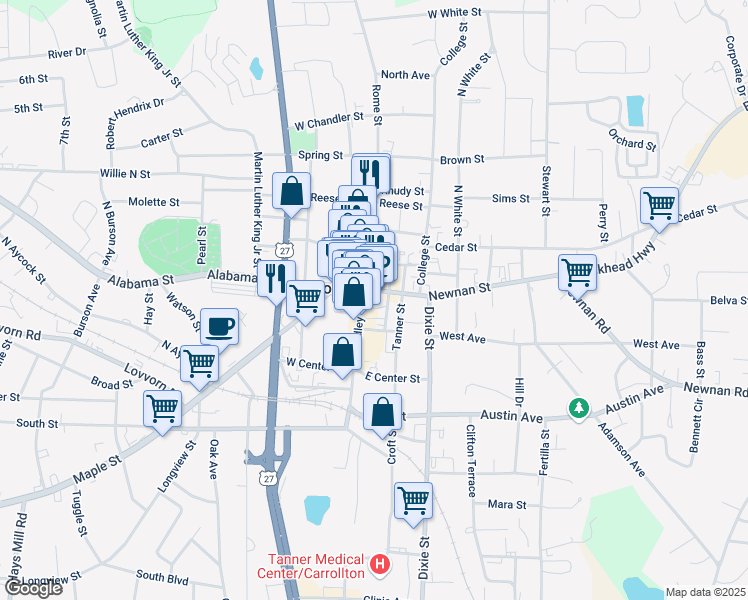 map of restaurants, bars, coffee shops, grocery stores, and more near 203 Tanner Street in Carrollton