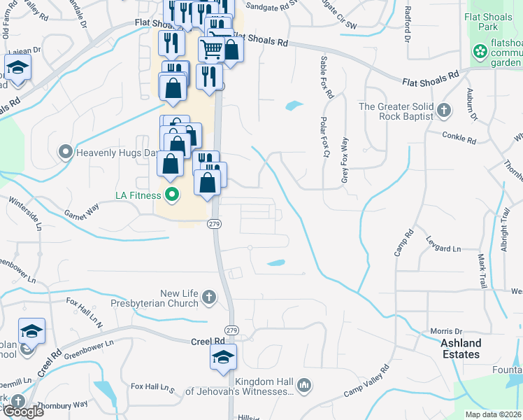 map of restaurants, bars, coffee shops, grocery stores, and more near 2162 Olmadison View in Atlanta