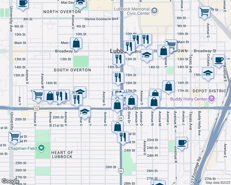 map of restaurants, bars, coffee shops, grocery stores, and more near 1707 17th Street in Lubbock