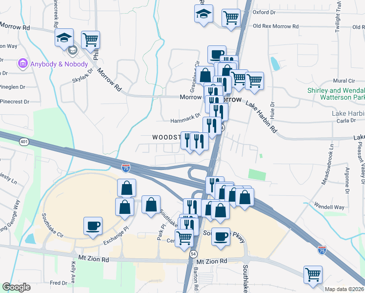 map of restaurants, bars, coffee shops, grocery stores, and more near 6434 Woodstone Way in Morrow