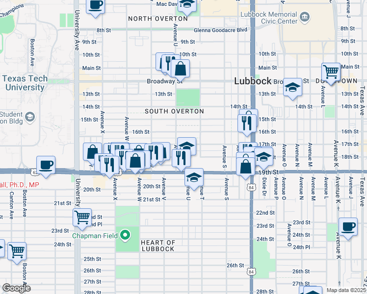 map of restaurants, bars, coffee shops, grocery stores, and more near 2017 17th Street in Lubbock