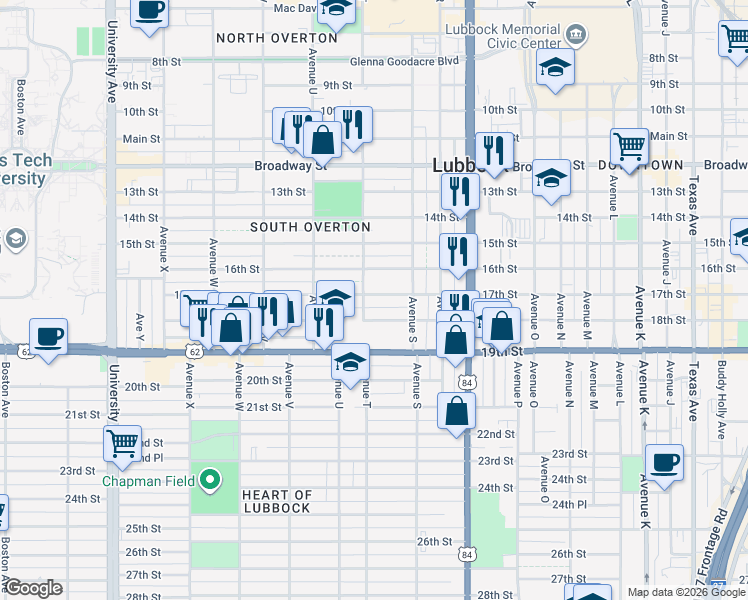 map of restaurants, bars, coffee shops, grocery stores, and more near 1919 17th Street in Lubbock