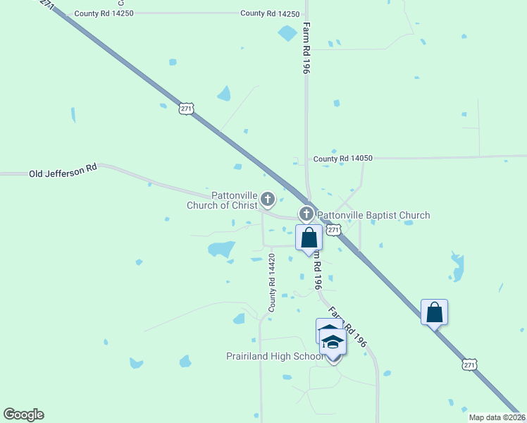 map of restaurants, bars, coffee shops, grocery stores, and more near 123 County Road 14430 in Pattonville