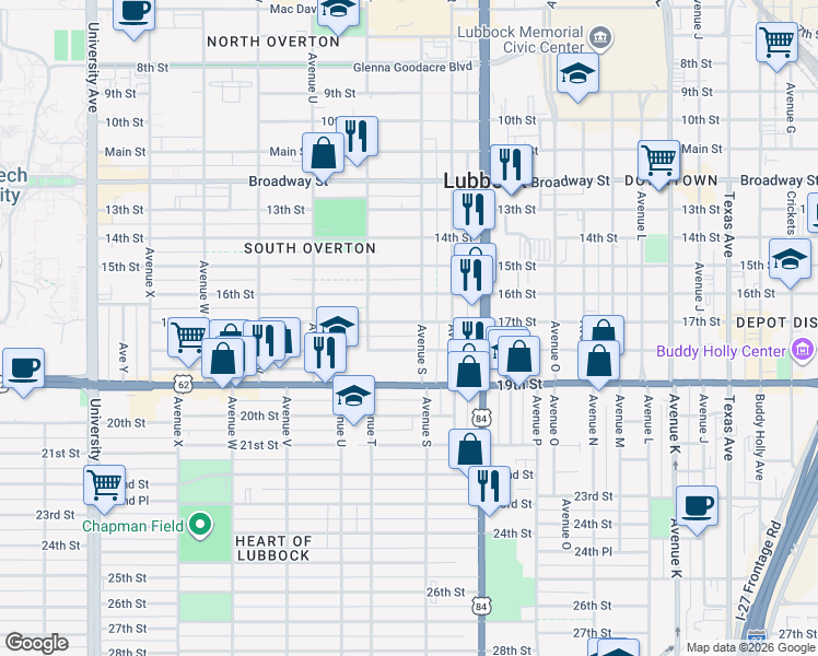 map of restaurants, bars, coffee shops, grocery stores, and more near 1905 17th Street in Lubbock