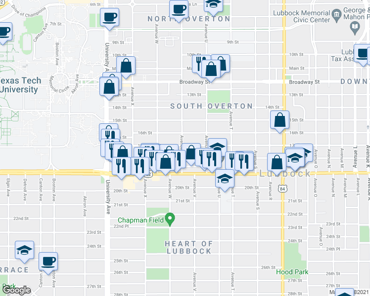 map of restaurants, bars, coffee shops, grocery stores, and more near in Lubbock