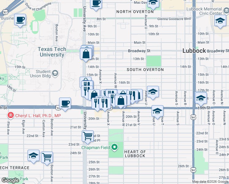map of restaurants, bars, coffee shops, grocery stores, and more near 2310 18th Street in Lubbock