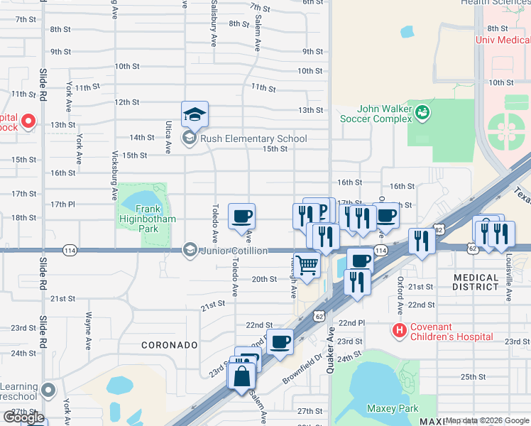 map of restaurants, bars, coffee shops, grocery stores, and more near 4505 18th Street in Lubbock