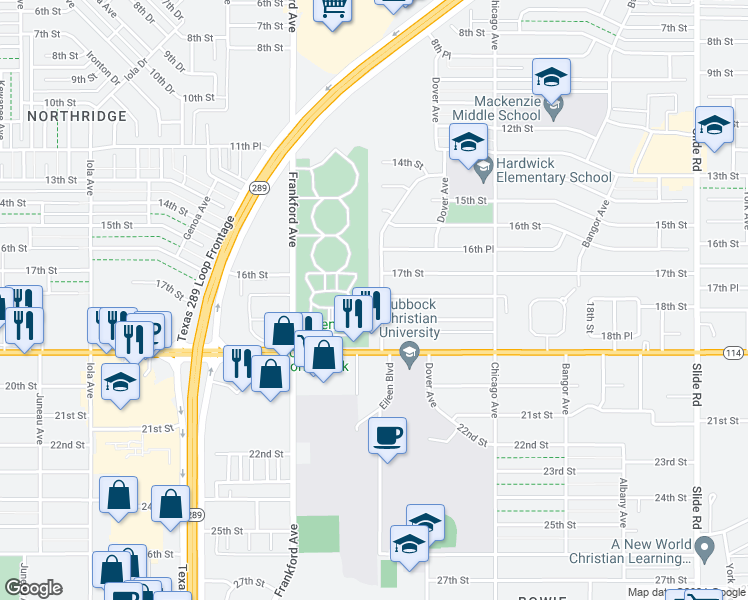 map of restaurants, bars, coffee shops, grocery stores, and more near 1714 Elkhart Avenue in Lubbock