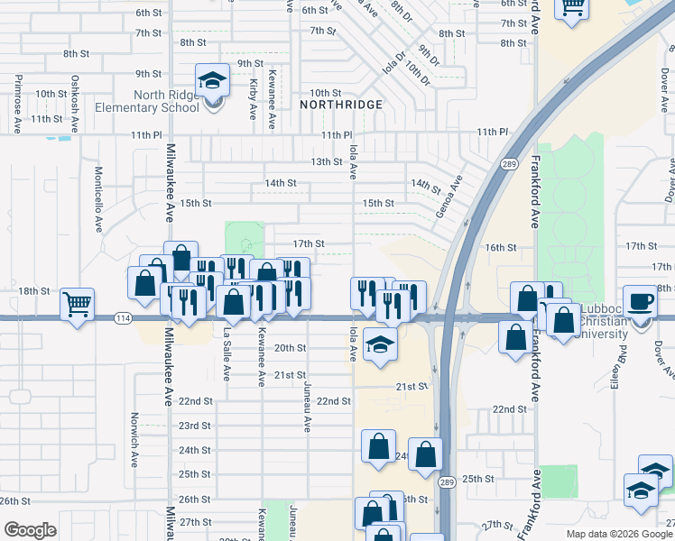 map of restaurants, bars, coffee shops, grocery stores, and more near 6102 19th Street in Lubbock