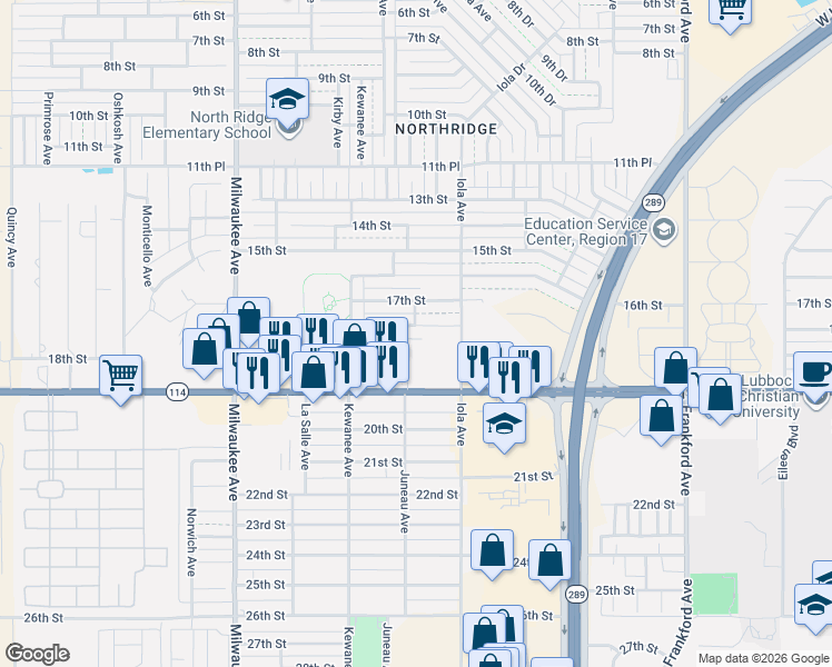 map of restaurants, bars, coffee shops, grocery stores, and more near 6104 19th Street in Lubbock