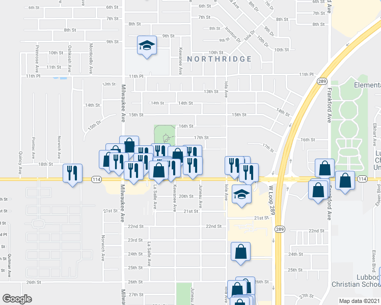 map of restaurants, bars, coffee shops, grocery stores, and more near 6400 19th Street in Lubbock