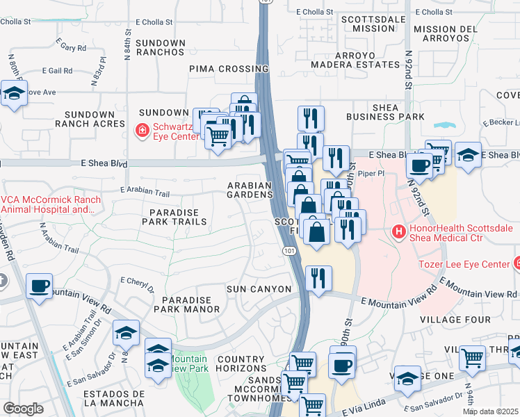 map of restaurants, bars, coffee shops, grocery stores, and more near 8725 East Mustang Trail in Scottsdale
