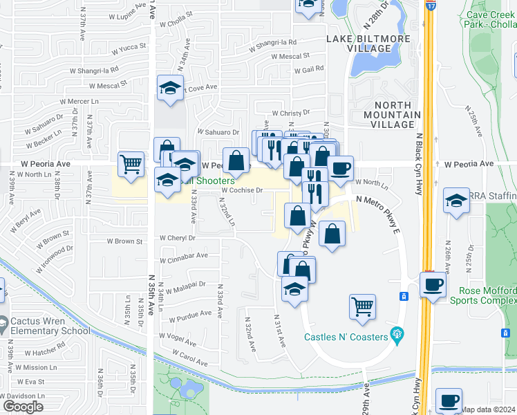 map of restaurants, bars, coffee shops, grocery stores, and more near 3119 West Cochise Drive in Phoenix