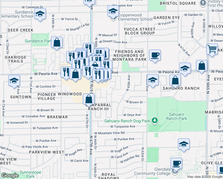 map of restaurants, bars, coffee shops, grocery stores, and more near 10224 North 65th Lane in Glendale