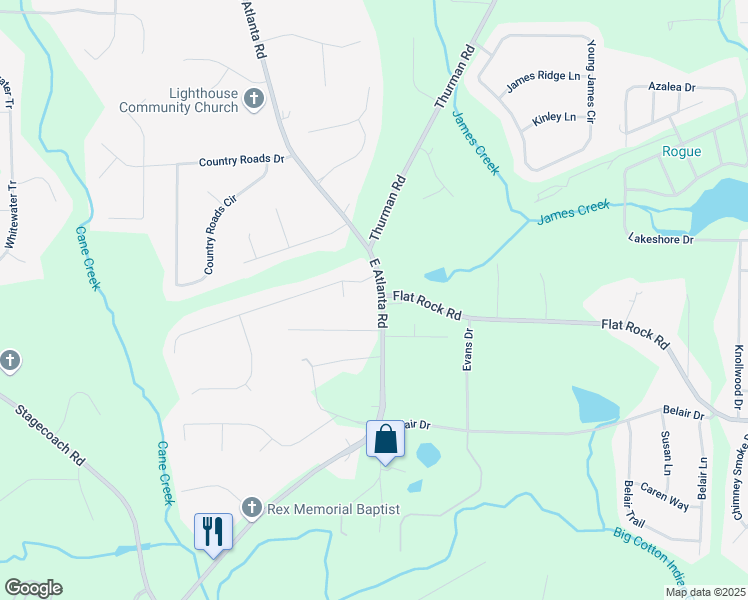 map of restaurants, bars, coffee shops, grocery stores, and more near 1351 East Atlanta Road in Stockbridge