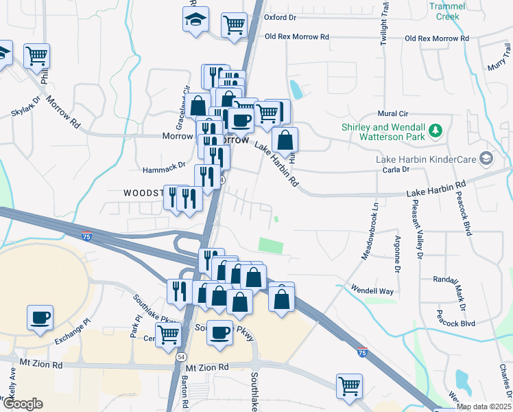 map of restaurants, bars, coffee shops, grocery stores, and more near 1676 Northridge Drive in Morrow