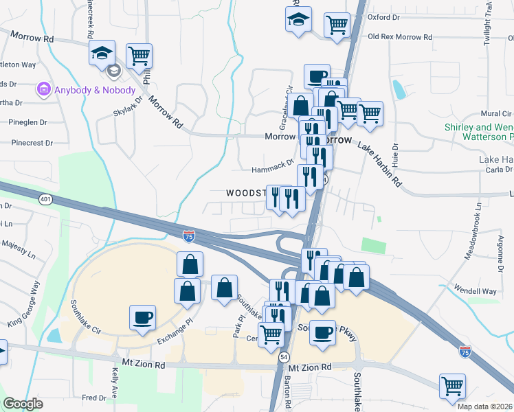 map of restaurants, bars, coffee shops, grocery stores, and more near 6434 Woodstone Way in Morrow