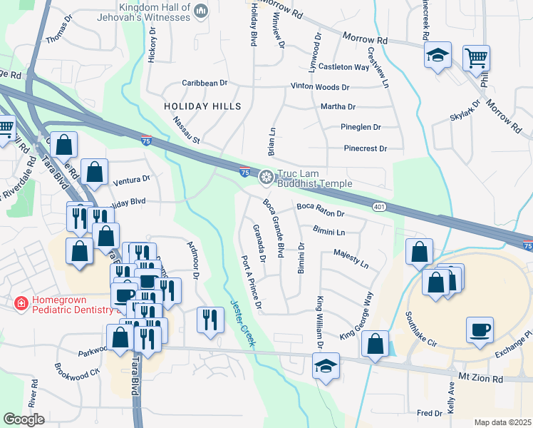 map of restaurants, bars, coffee shops, grocery stores, and more near 6399 Boca Grande Boulevard in Forest Park