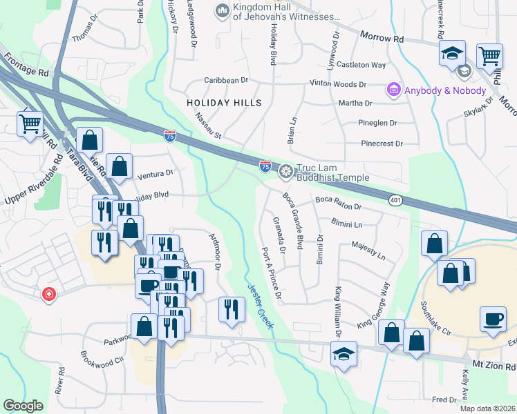 map of restaurants, bars, coffee shops, grocery stores, and more near 6411 Port a Prince Drive in Forest Park