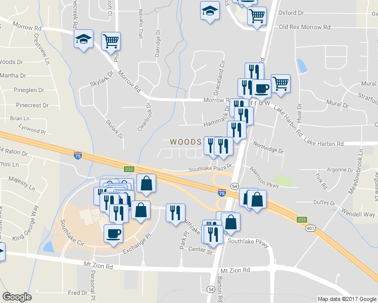 map of restaurants, bars, coffee shops, grocery stores, and more near 6434 Woodstone Terrace in Morrow