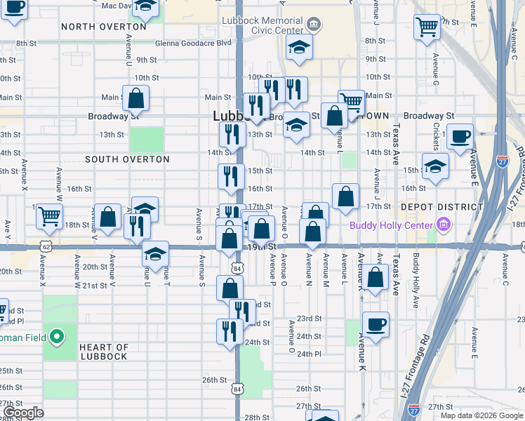map of restaurants, bars, coffee shops, grocery stores, and more near 1619 17th Street in Lubbock