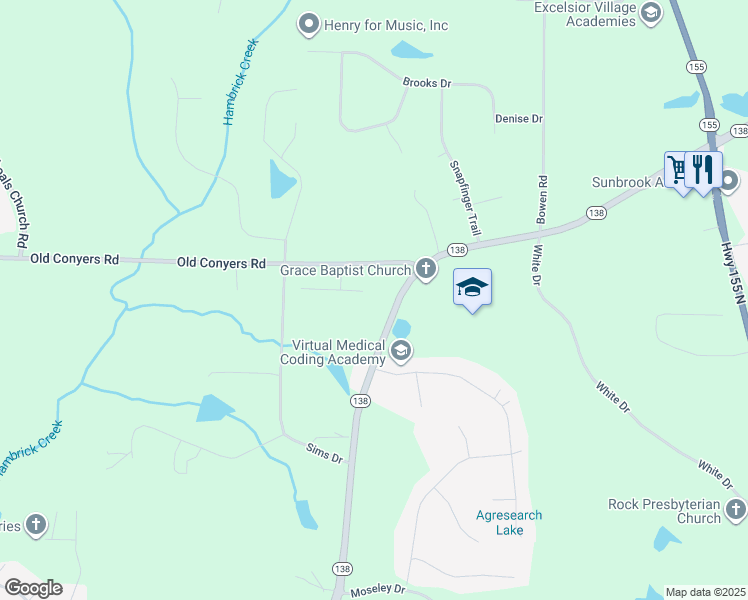 map of restaurants, bars, coffee shops, grocery stores, and more near 2055 Georgia 138 in Stockbridge