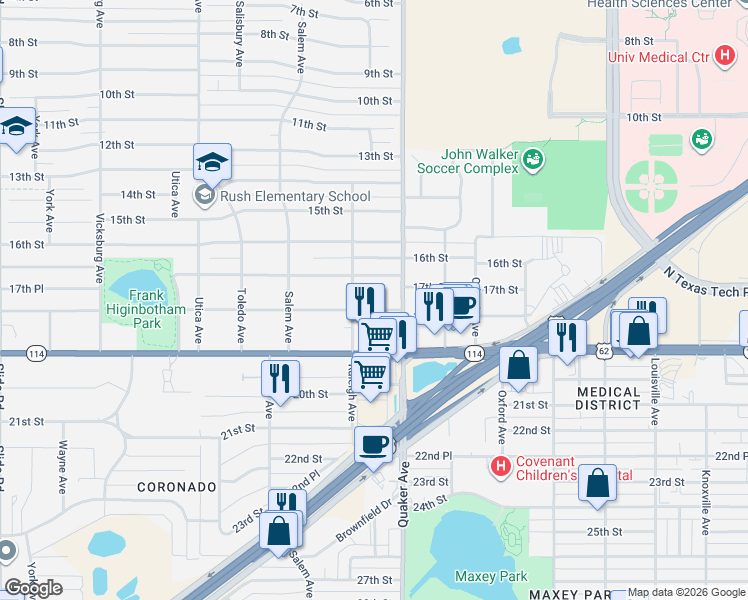 map of restaurants, bars, coffee shops, grocery stores, and more near 4411 18th Street in Lubbock