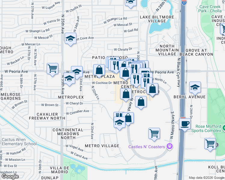 map of restaurants, bars, coffee shops, grocery stores, and more near 3119 West Cochise Drive in Phoenix
