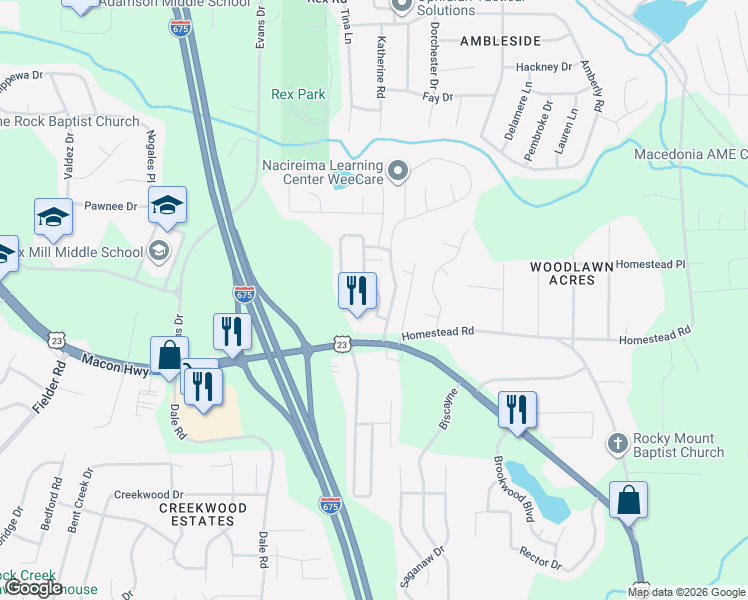 map of restaurants, bars, coffee shops, grocery stores, and more near 6418 Ellenwood Drive in Rex