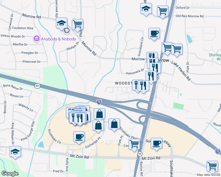 map of restaurants, bars, coffee shops, grocery stores, and more near 1348 Southlake Plaza Drive in Morrow
