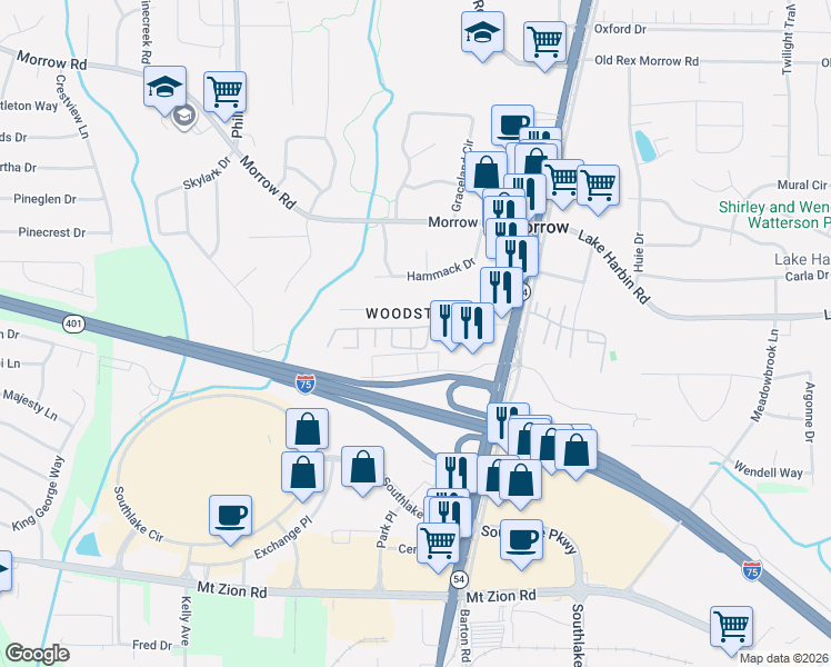 map of restaurants, bars, coffee shops, grocery stores, and more near Wood Circle East in Morrow