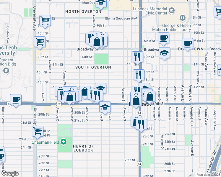 map of restaurants, bars, coffee shops, grocery stores, and more near 1921 17th Street in Lubbock