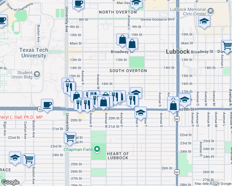 map of restaurants, bars, coffee shops, grocery stores, and more near 2119 18th Street in Lubbock