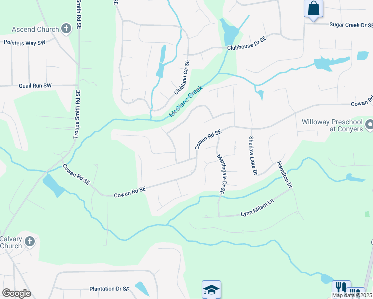 map of restaurants, bars, coffee shops, grocery stores, and more near 4111 Sweet Water Court Southeast in Conyers