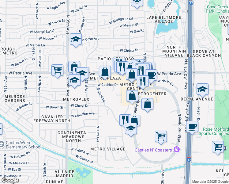 map of restaurants, bars, coffee shops, grocery stores, and more near 3119 West Cochise Drive in Phoenix