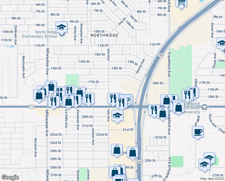 map of restaurants, bars, coffee shops, grocery stores, and more near 1607 Iola Avenue in Lubbock