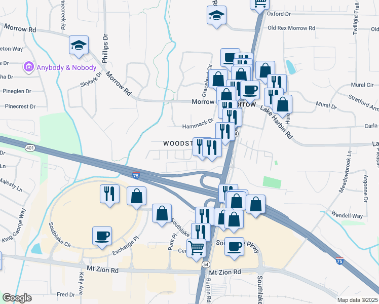 map of restaurants, bars, coffee shops, grocery stores, and more near 1415 John Robert Drive in Morrow