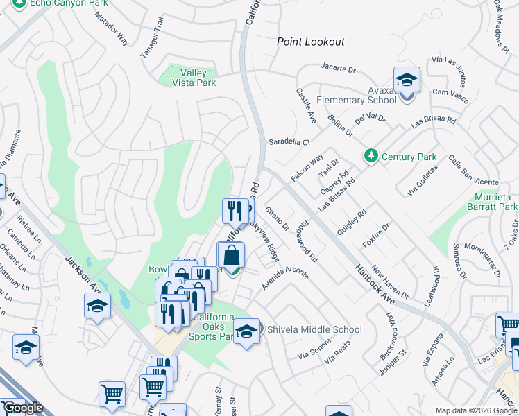 map of restaurants, bars, coffee shops, grocery stores, and more near 40135 Festival Road in Murrieta