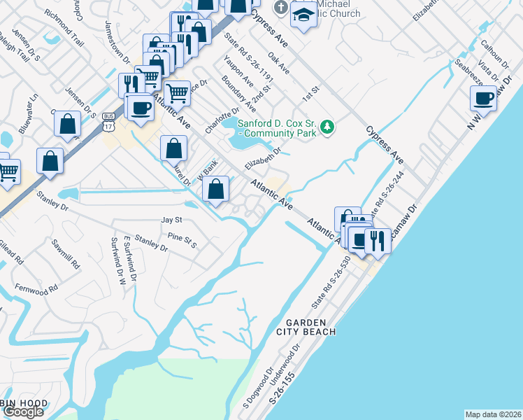 map of restaurants, bars, coffee shops, grocery stores, and more near 315 Inlet Road in Murrells Inlet