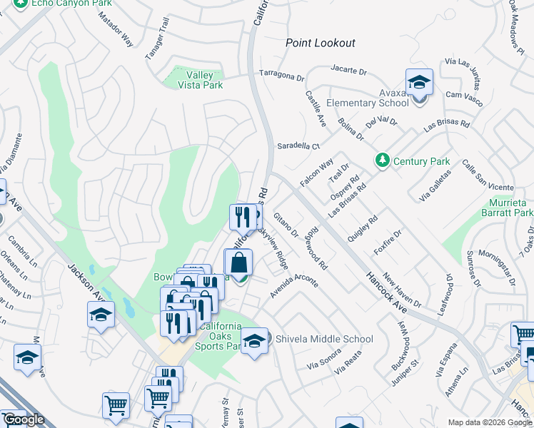 map of restaurants, bars, coffee shops, grocery stores, and more near 40135 Festival Road in Murrieta