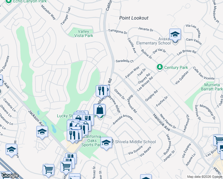 map of restaurants, bars, coffee shops, grocery stores, and more near 40075 Festival Road in Murrieta