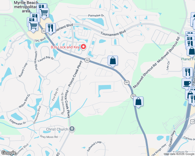 map of restaurants, bars, coffee shops, grocery stores, and more near 9663 Holladay Drive in Murrells Inlet
