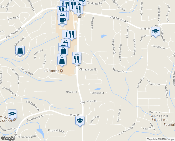 map of restaurants, bars, coffee shops, grocery stores, and more near 6345 Olmadison Place in Atlanta