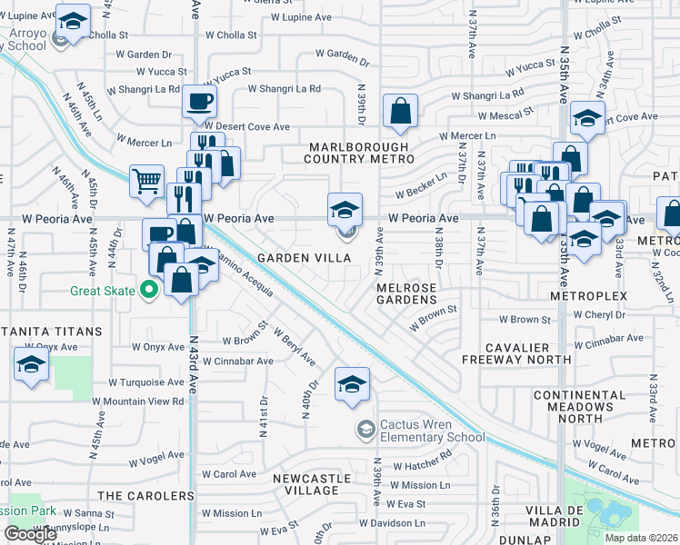 map of restaurants, bars, coffee shops, grocery stores, and more near 3936 West Beryl Avenue in Phoenix