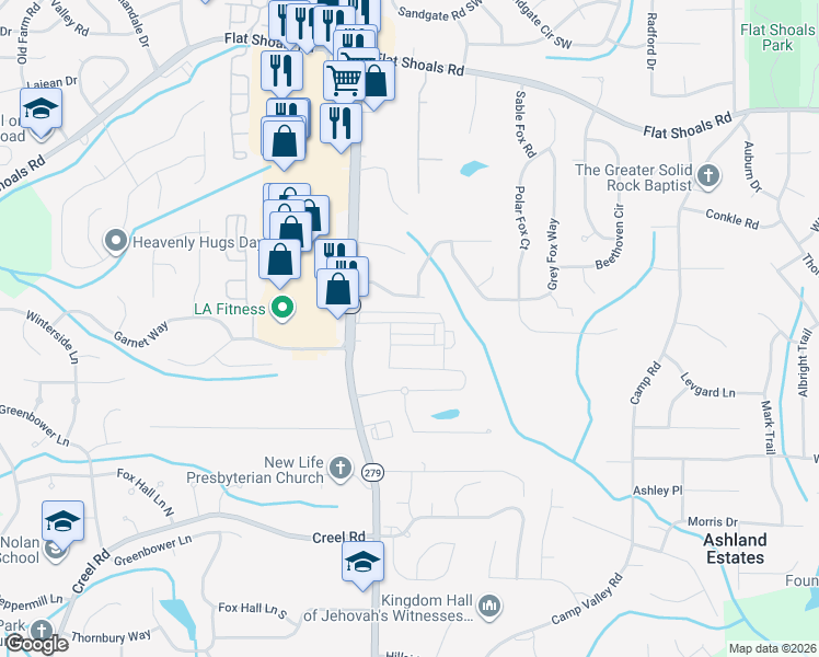 map of restaurants, bars, coffee shops, grocery stores, and more near 6359 Olmadison Place in Atlanta